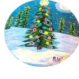 11 inch wood circle with Christmas tree painting .  Acrylic paint artist myself